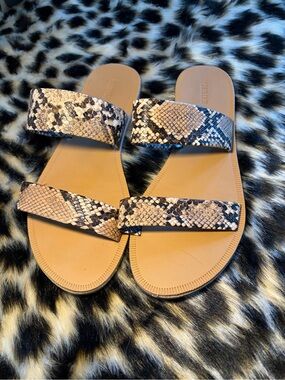 Forever 21 Snake-Print Double Strap Slide Sandals - Tan/Black